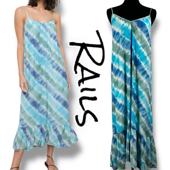Rails Jennica Tie-Dyed Crepe Dress Maxi Ruffle Sundress Blue Green Womens Size S - Picture 1 of 11